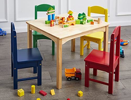 Amazon.com: Amazon Basics Kids Wood Table and 4 Chair Set, Natural Table, Assorted Color : Home &amp