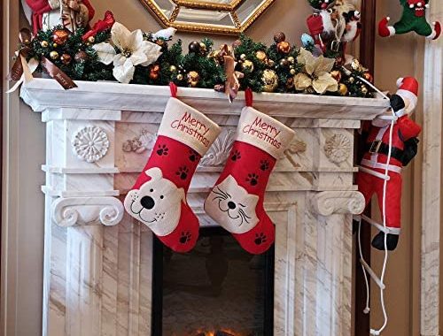 WEWILL 18’’ Dog Felt Christmas Stockings Paws Embroidered for Pets Red Xmas Stocking Gift Bag Cuff L