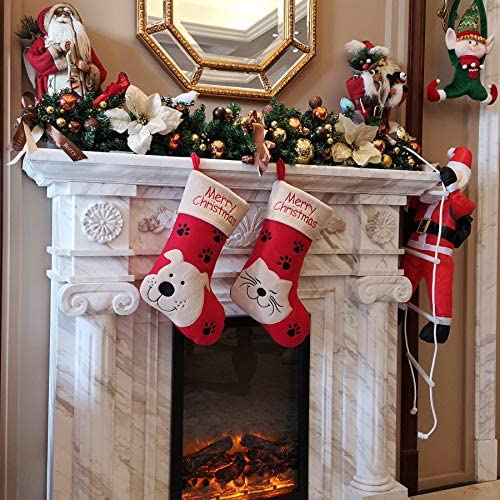 WEWILL 18’’ Dog Felt Christmas Stockings Paws Embroidered for Pets Red Xmas Stocking Gift Bag Cuff L