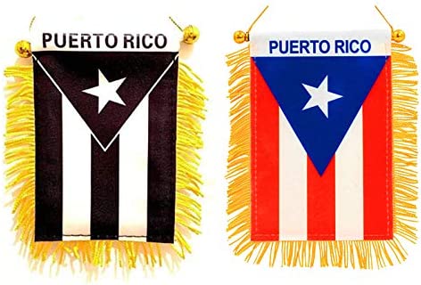 Set Of 2 Puerto Rico Window Hanging Flags - Rear view Mirror & Double Sided - 1) Black & Whi