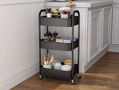 3-Tier Rolling Utility Cart with Caster Wheels,Easy Assembly, for Kitchen, Bathroom (Black)