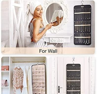 BAGSMART Hanging Jewelry Organizer Storage Roll with Hanger Metal Hooks Double-Sided Jewelry Holder