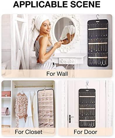 BAGSMART Hanging Jewelry Organizer Storage Roll with Hanger Metal Hooks Double-Sided Jewelry Holder