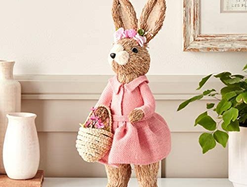 Worth Imports 17" Standing Bunny in Dress with Basket Figurine, Pink,Biage