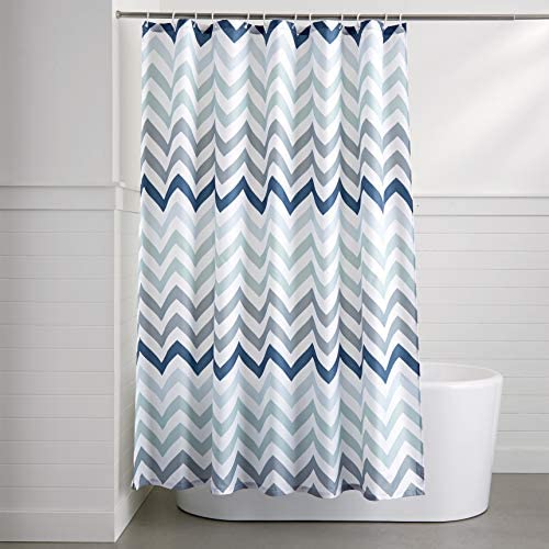 Amazon Basics Fabric Shower Curtain with Grommets and Hooks - 72 x 72 Inch, Blue Ombre Chevron