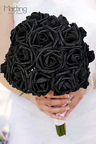 MACTING Black Roses Artificial Flowers, 30pcs Real Touch Fake Foam Roses for DIY Bouquets Wedding Pa