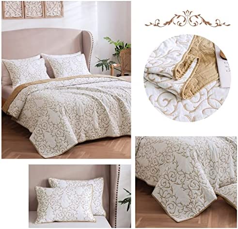 mixinni Quilt King Size Reversible 3-Piece Beige Embroidery Pattern Elegant Quilt Set with Embroider