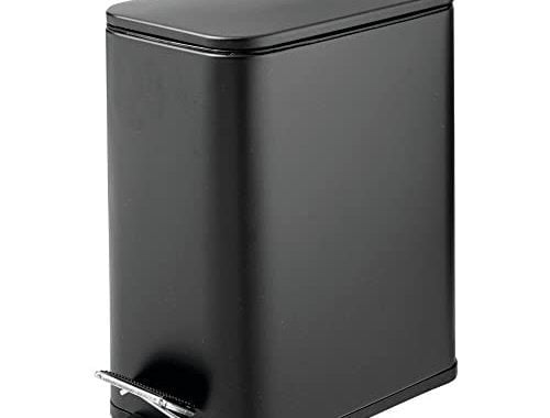 mDesign Slim Metal Rectangle 1.3 Gallon Trash Can with Step Pedal, Easy-Close Lid, Removable Liner -