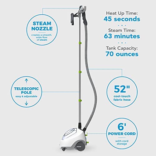 Steamfast SF-520 Full Size Fabric Steamer with Insulated Hose, Clothes Hanger, and Fabric Brush , Wh