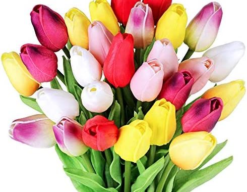 28 Pcs Multicolor Tulips Artificial Flowers Faux Tulip Stems Real Feel PU Tulips for Easter Spring W