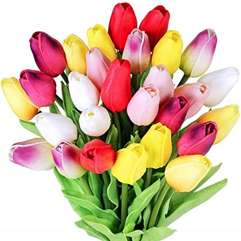 28 Pcs Multicolor Tulips Artificial Flowers Faux Tulip Stems Real Feel PU Tulips for Easter Spring W