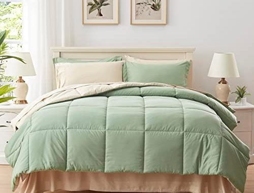 Anluoer Queen Size Bed in a Bag 7 Pieces, Sage Green Bed Comforter Set with Comforter and Sheets, Al