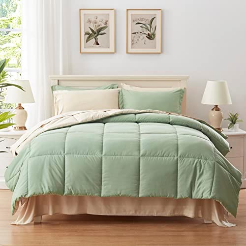 Anluoer Queen Size Bed in a Bag 7 Pieces, Sage Green Bed Comforter Set with Comforter and Sheets, Al