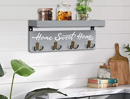 buways Wall-Mounted Key and Mail Holder, Wooden Key Rack with 4 Double Key Hooks, Rustic Home Decor
