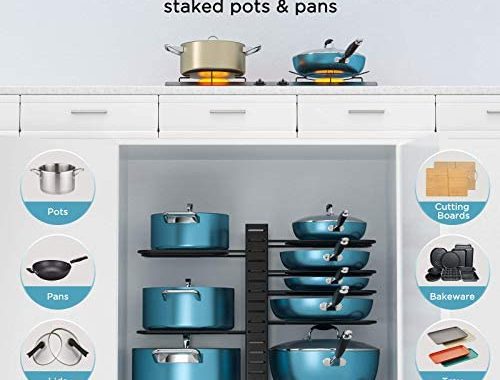ORDORA Pots and Pans Organizer for Cabinet, 8 Tier Pot Rack with 3 DIY Methods, Adjustable Pan Organ