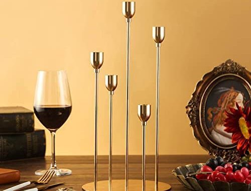 VINCIGANT Gold Taper Candle Holders,Metal 5 Arms Candelabra Centerpieces for Christmas Wedding Dinne