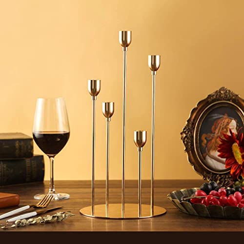 VINCIGANT Gold Taper Candle Holders,Metal 5 Arms Candelabra Centerpieces for Christmas Wedding Dinne