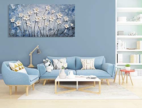 Amazon.com: YHSKY ARTS Floral Canvas Wall Art Hand Painted Blue and White Heavy Textured Painting Mo