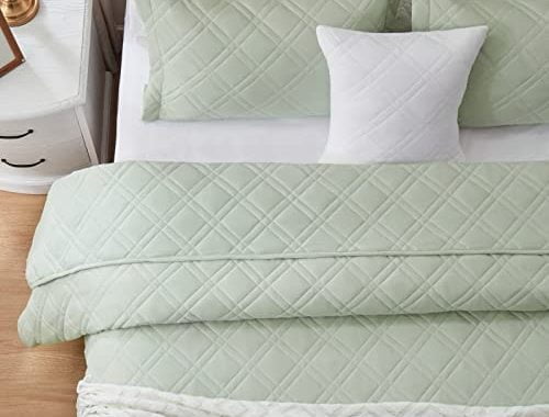 COZYART Quilt Set Queen Size Sage Green Lightweight Bedspread Full Summer Quilt Sets Soft Coverlet 3