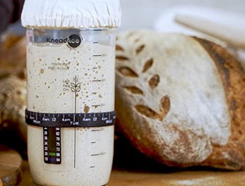 KneadAce Sourdough Starter Jar With Date Marked Feeding Band, Thermometer, Sourdough Jar Scraper, So