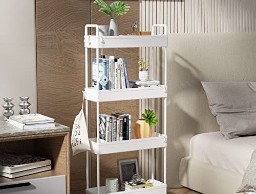 Amazon.com: SOLEJAZZ Slim Storage Cart, 4 Tier Bathroom Organizer Mobile Shelving Unit, Rolling Util