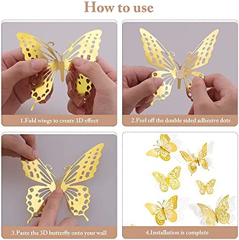 Amazon.com: SAOROPEB 3D Butterfly Wall Decor 48 Pcs 4 Styles 3 Sizes, Gold Butterfly Decorations for