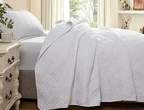 Hygge Hush Summer Quilt Set, Twin Size Pure White L Pattern 2 Pieces Quilt Set, Oversized Modern Sty