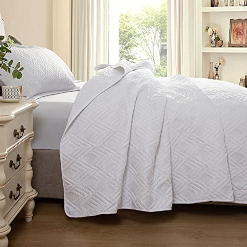Hygge Hush Summer Quilt Set, Twin Size Pure White L Pattern 2 Pieces Quilt Set, Oversized Modern Sty