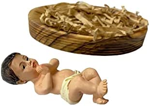 Olive Wood Gifts Shop Handcrafted Gypsum Baby Jesus (2.3 Inch) Laying in Olive Wood Manger (3.3 Inch