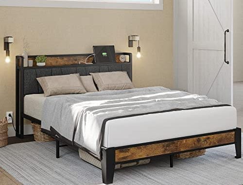 Amazon.com: LIKIMIO Queen Bed Frame, Storage Headboard with Charging Station, Solid and Stable, Nois