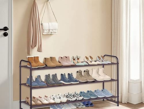 AOODA 3-Tier Long Shoe Rack for Closet Stackable Wide Shoe Shelf Organizer and Storage for Floor, En