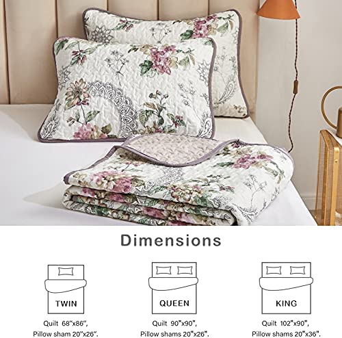 Amazon.com: 3 Pieces Quilt Set Full/Queen Size, Beige Floral Reversible Bedspread Coverlet Set, Soft