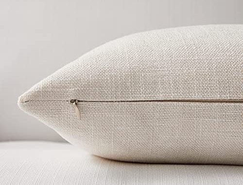 Meekio Set of 2 Ivory Pillow Covers 18 x 18 Inch Farmhouse Boho Decorative Throw Pillow Covers Linen