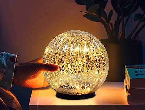 PHITRIC Crackle Glass Ball LED Light, 5.7 Inch Lighted Mercury Glass Orb with Timer for Homer Decor,