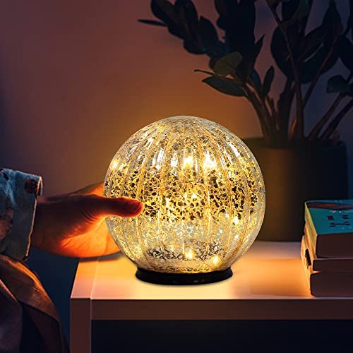 PHITRIC Crackle Glass Ball LED Light, 5.7 Inch Lighted Mercury Glass Orb with Timer for Homer Decor,