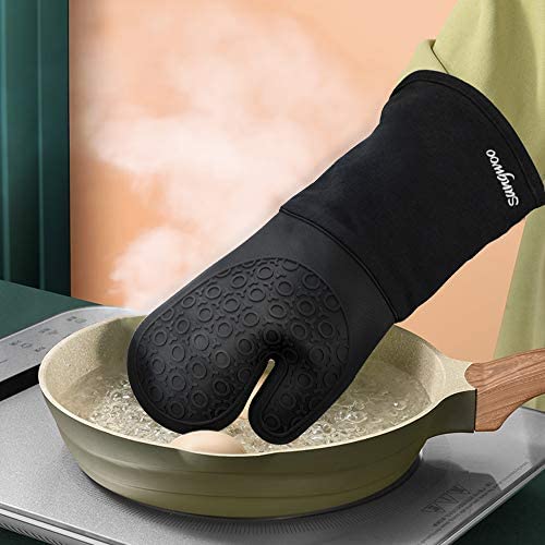 Extra Long Silicone Oven Mitts, sungwoo Durable Heat Resistant Oven Gloves with Quilted Liner Non-Sl