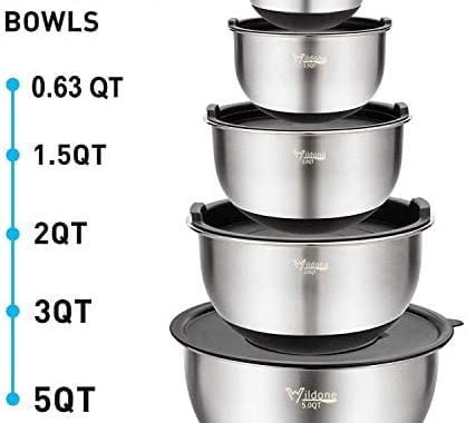 Wildone Mixing Bowls Set of 5, Stainless Steel Nesting Bowls with Airtight Lids, 3 Grater Attachment