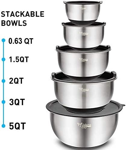 Wildone Mixing Bowls Set of 5, Stainless Steel Nesting Bowls with Airtight Lids, 3 Grater Attachment