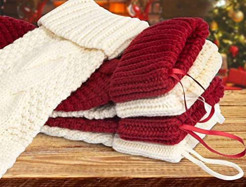 Kunyida Pack 4, Unique Burgundy and Ivory White Knit Christmas Stockings 14"