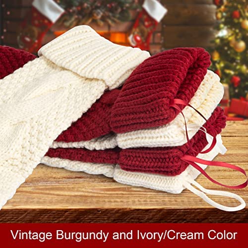 Kunyida Pack 4, Unique Burgundy and Ivory White Knit Christmas Stockings 14"