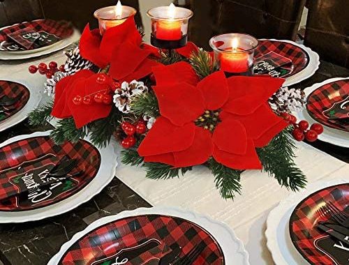 FORUP Christmas Centerpiece, Christmas Candle Holders, Christmas Tabletop Poinsettia Centerpiece wit