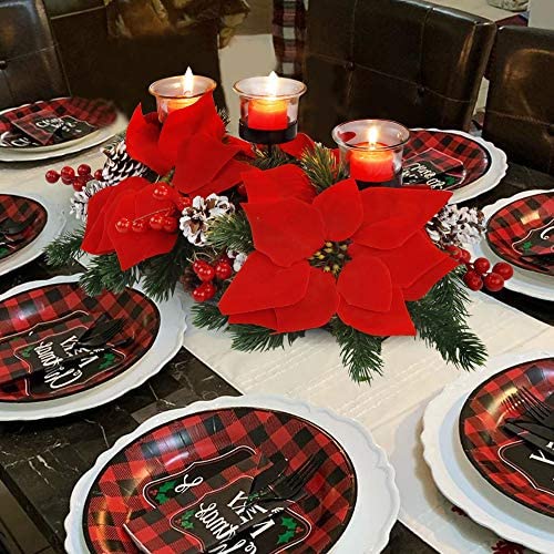 FORUP Christmas Centerpiece, Christmas Candle Holders, Christmas Tabletop Poinsettia Centerpiece wit