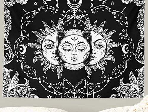 Ftuency Sun and Moon Tapestry, Black and White Tapestries Mystic Burning Sun with Star Wall Hanging