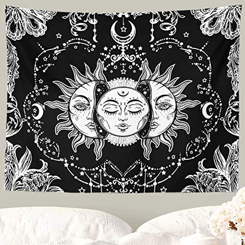 Ftuency Sun and Moon Tapestry, Black and White Tapestries Mystic Burning Sun with Star Wall Hanging