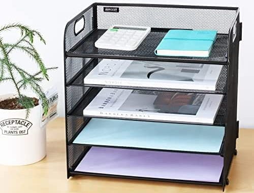 Supeasy 5 Trays Paper Organizer Letter Tray with Handle-Mesh Desk File Organizer,Black Paper Sorter