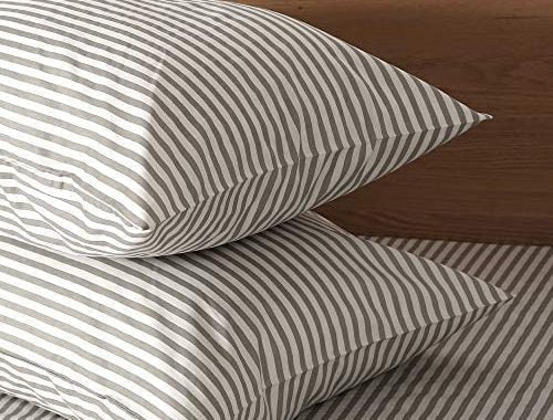 JELLYMONI 100% Natural Cotton 3pcs Striped Duvet Cover Sets,White Duvet Cover with Grey Stripes Patt