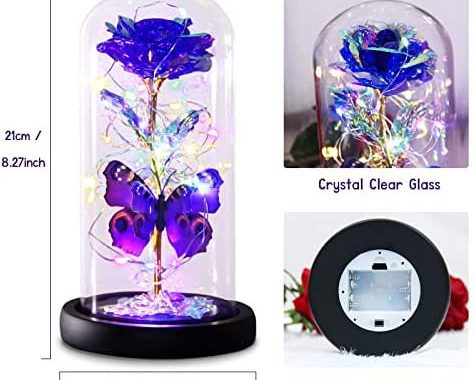 Greenke Valentines Day Rose Gifts for Her, Galaxy Purple Butterfly Rose in Glass Dome, Light Up Fore