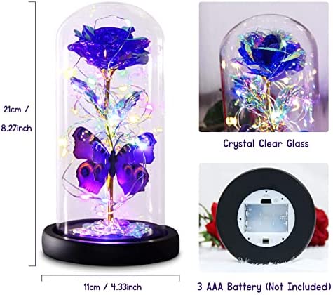 Greenke Valentines Day Rose Gifts for Her, Galaxy Purple Butterfly Rose in Glass Dome, Light Up Fore
