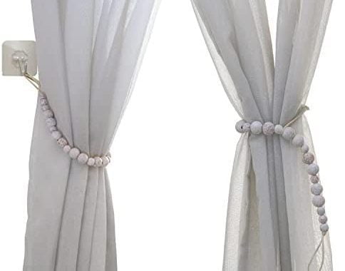 Wood Bead Curtain Tieback Set of 2, Boho Curtain Holdback, Wooden Rope Curtain Tie Back Hooks, Farmh