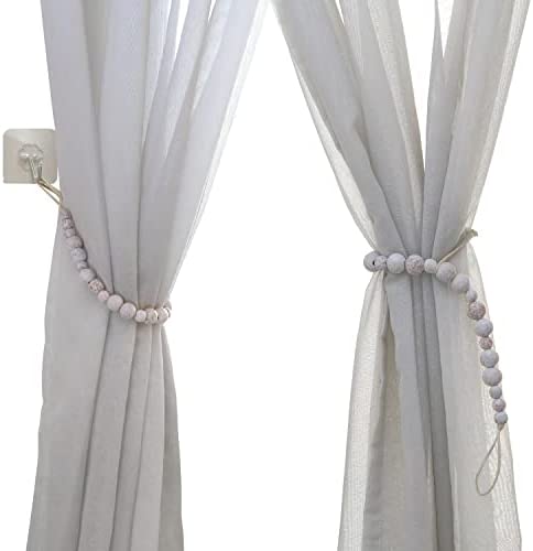 Wood Bead Curtain Tieback Set of 2, Boho Curtain Holdback, Wooden Rope Curtain Tie Back Hooks, Farmh